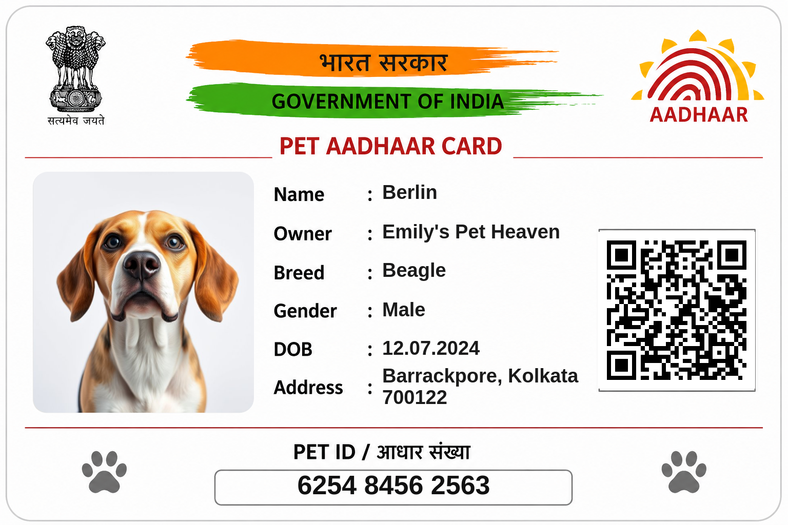 Sample Pet Aadhaar Card for Berlin the Beagle with photo, details and scannable QR code