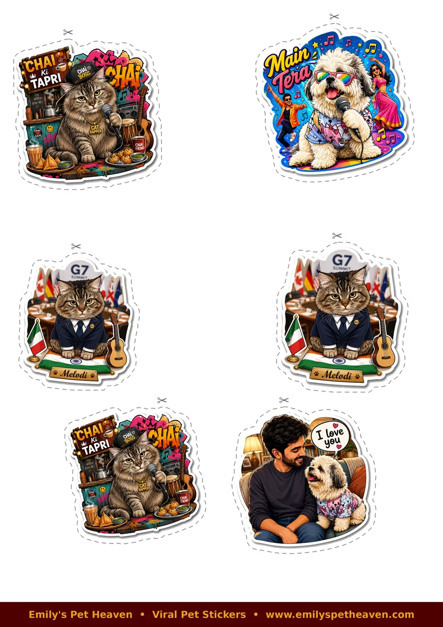 Custom viral pet meme stickers printed on A4 sticker sheet - Emily's Pet Heaven India