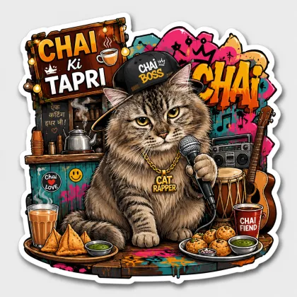 Custom viral meme sticker of a cat at a chai tapri — Emily's Pet Heaven